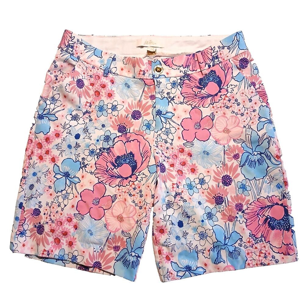 Lilly Pulitzer Floral Print Shorts Size 8 In All Her Glory Print Pink Blue White
